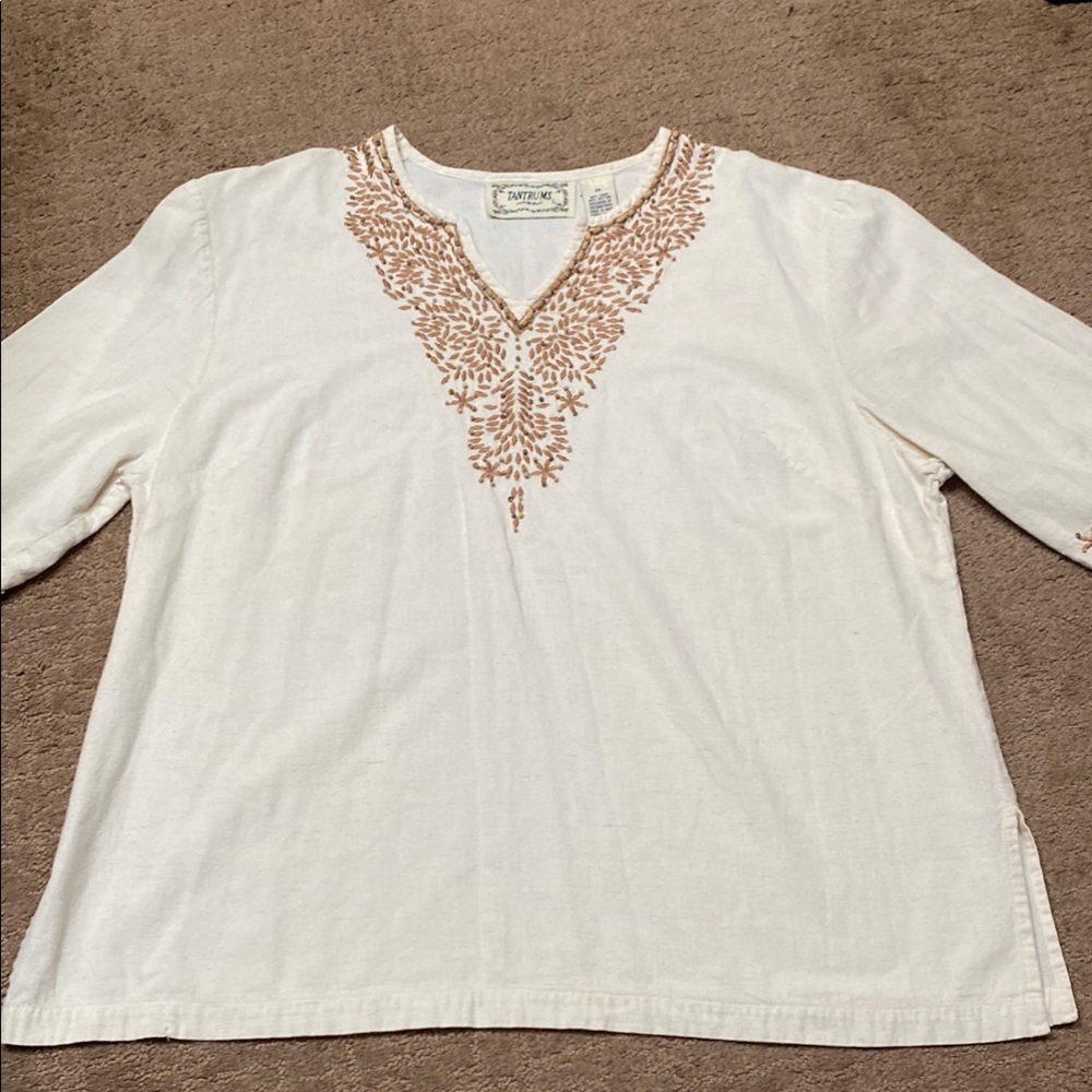 Linen 2X Tantrums Embroidered Beaded Cream and Orange 3/4 Sleeve Blouse Summer